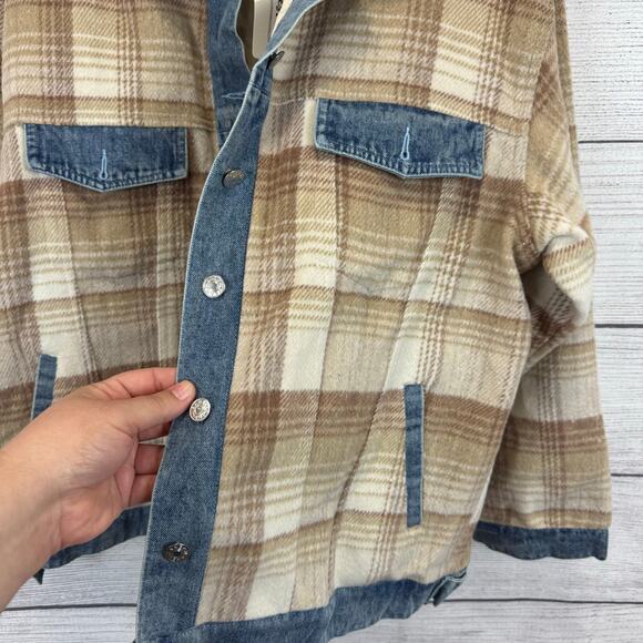 Impressions Plus Size Tan Plaid Denim Trim Fall Shacket Size 1X - Picture 2 of 9